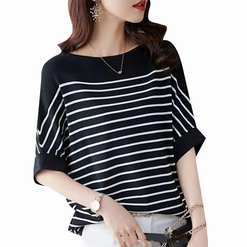 Women Summer Shirt Elegant Half Sleeve Striped Blouse Fashion Casual Loose Work Tops Blusas Chemise
