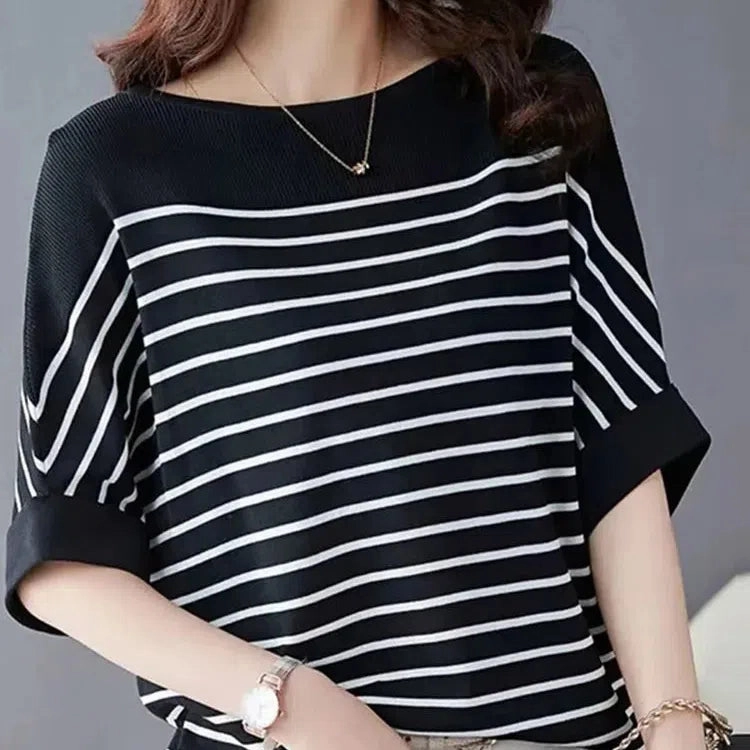 Women Summer Shirt Elegant Half Sleeve Striped Blouse Fashion Casual Loose Work Tops Blusas Chemise