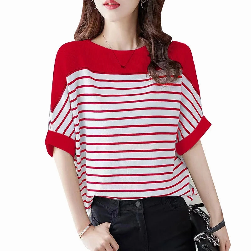Women Summer Shirt Elegant Half Sleeve Striped Blouse Fashion Casual Loose Work Tops Blusas Chemise