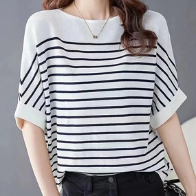 Women Summer Shirt Elegant Half Sleeve Striped Blouse Fashion Casual Loose Work Tops Blusas Chemise