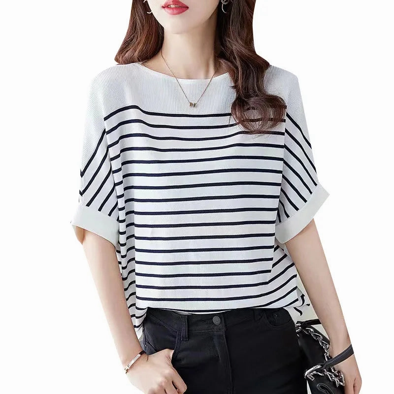 Women Summer Shirt Elegant Half Sleeve Striped Blouse Fashion Casual Loose Work Tops Blusas Chemise