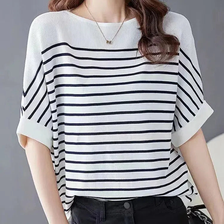 Women Summer Shirt Elegant Half Sleeve Striped Blouse Fashion Casual Loose Work Tops Blusas Chemise