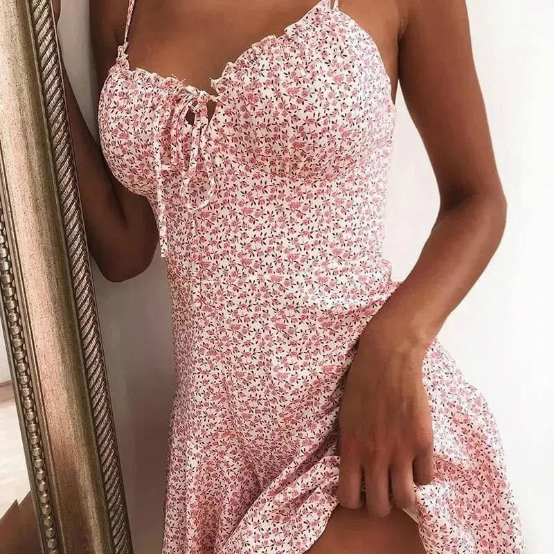 Women Summer Spaghetti Strap Floral Print Tie Front Mini Dress
