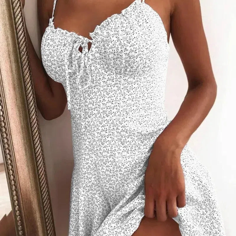 Women Summer Spaghetti Strap Floral Print Tie Front Mini Dress