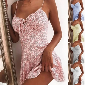 Women Summer Spaghetti Strap Floral Print Tie Front Mini Dress