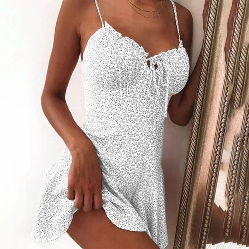 Women Summer Spaghetti Strap Floral Print Tie Front Mini Dress