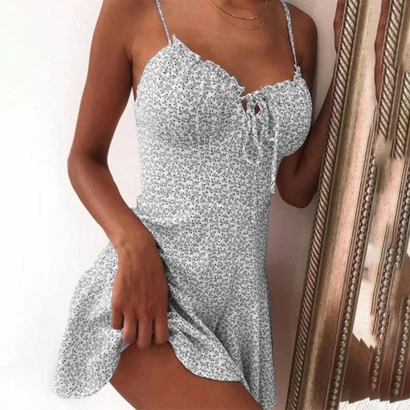 Women Summer Spaghetti Strap Floral Print Tie Front Mini Dress