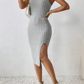 Women Summer Style Knitted Suspender Dress with Side Slit