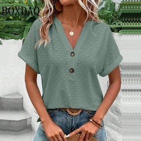 Women Summer Trendy Casual V Neck Button T Shirt Plus Size
