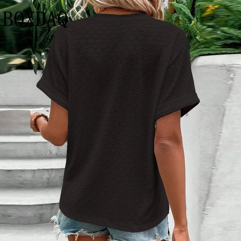 Women Summer Trendy Casual V Neck Button T Shirt Plus Size