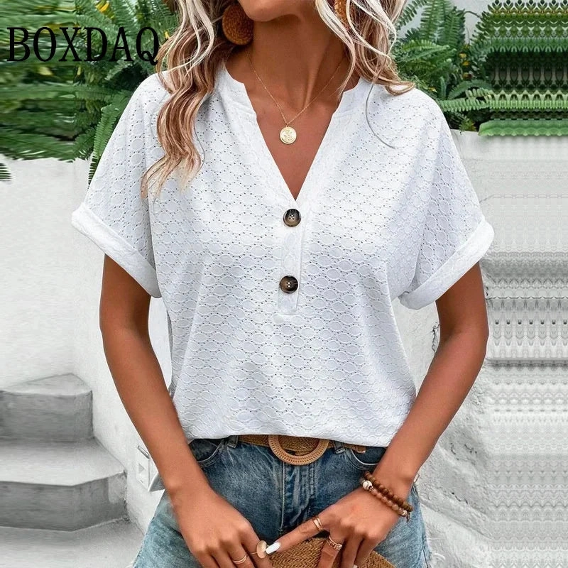 Women Summer Trendy Casual V Neck Button T Shirt Plus Size