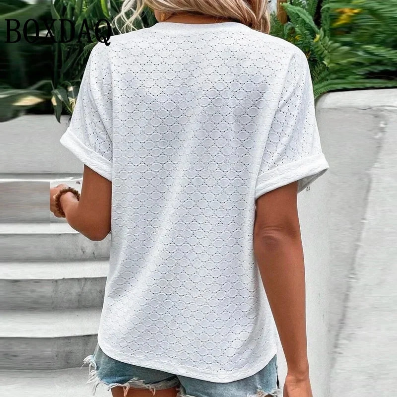 Women Summer Trendy Casual V Neck Button T Shirt Plus Size