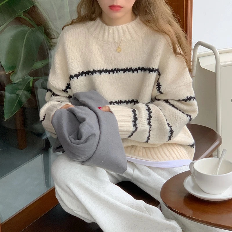Women Sweater Casual Pullovers Autumn Winter Basics Knitted Korean Loose Striped O-neck Long Sleeve Elegance Sweet Styles for Cozy Comfort