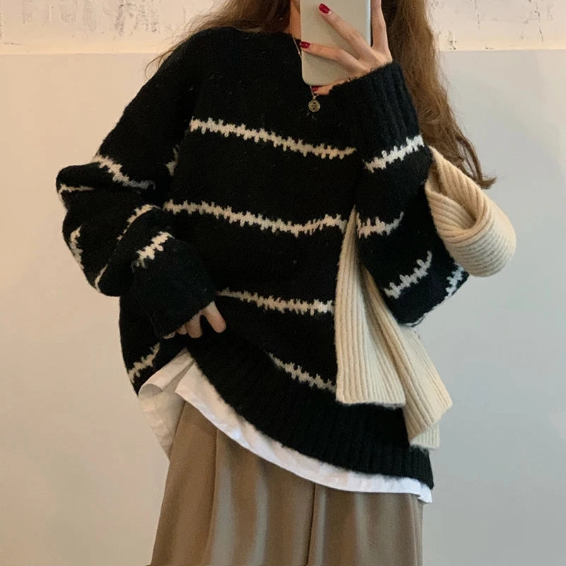 Women Sweater Casual Pullovers Autumn Winter Basics Knitted Korean Loose Striped O-neck Long Sleeve Elegance Sweet Styles for Cozy Comfort