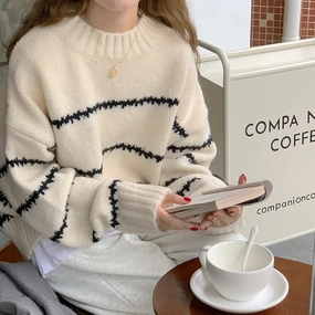 Women Sweater Casual Pullovers Autumn Winter Basics Knitted Korean Loose Striped O-neck Long Sleeve Elegance Sweet Styles for Cozy Comfort