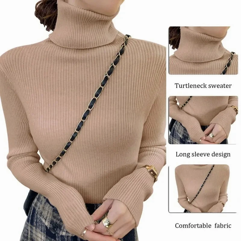 Women Sweater Pullover Winter Knitted Turtleneck Slim Jumper Tops Casual Soft Warm Y2K Clothing