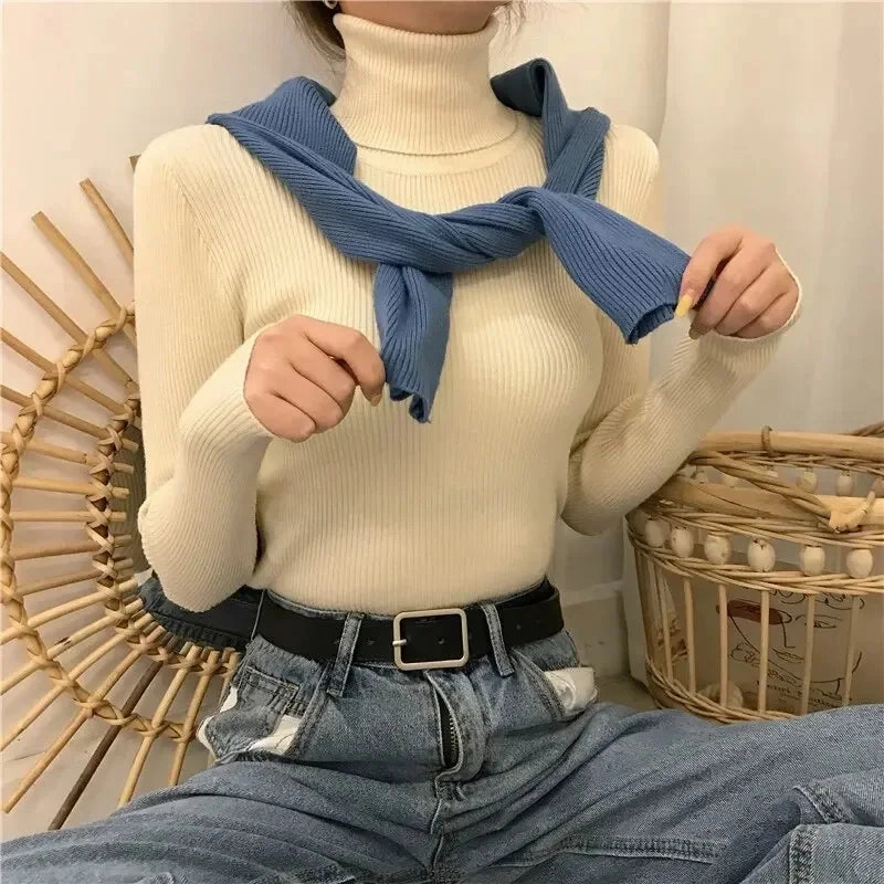 Women Sweater Pullover Winter Knitted Turtleneck Slim Jumper Tops Casual Soft Warm Y2K Clothing