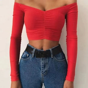 Women T-Shirts Sexy Club Fashion Long Sleeve Off Shoulder Basic Tees