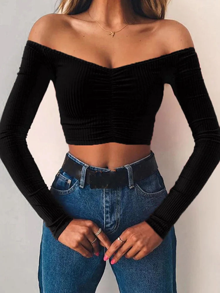 Women T-Shirts Sexy Club Fashion Long Sleeve Off Shoulder Basic Tees