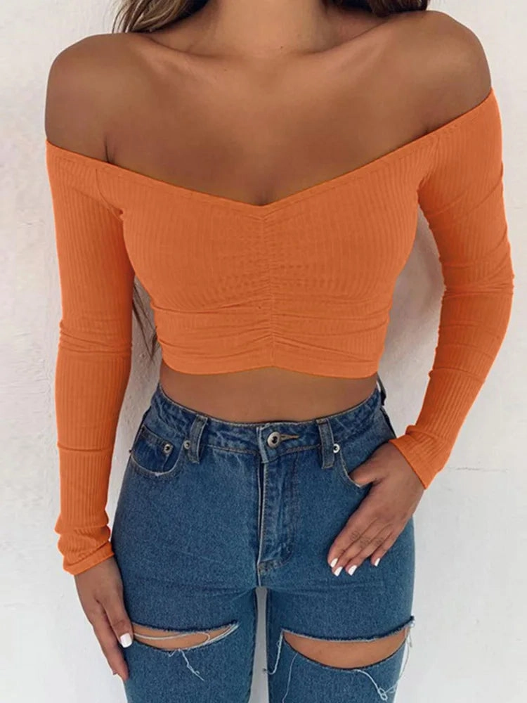 Women T-Shirts Sexy Club Fashion Long Sleeve Off Shoulder Basic Tees