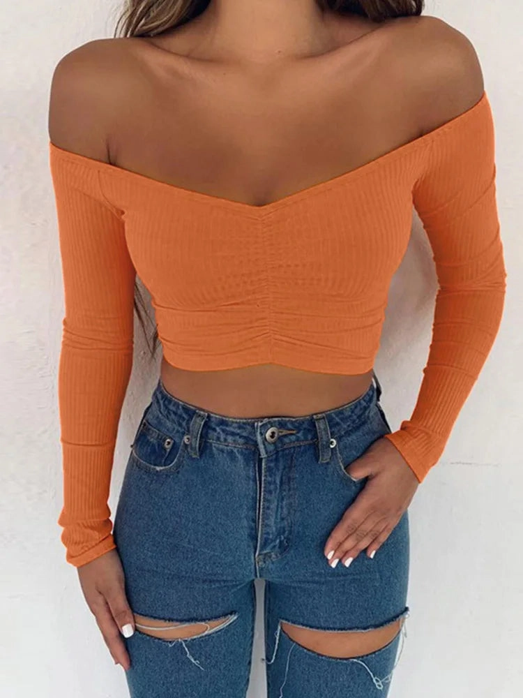 Women T-Shirts Sexy Club Fashion Long Sleeve Off Shoulder Basic Tees