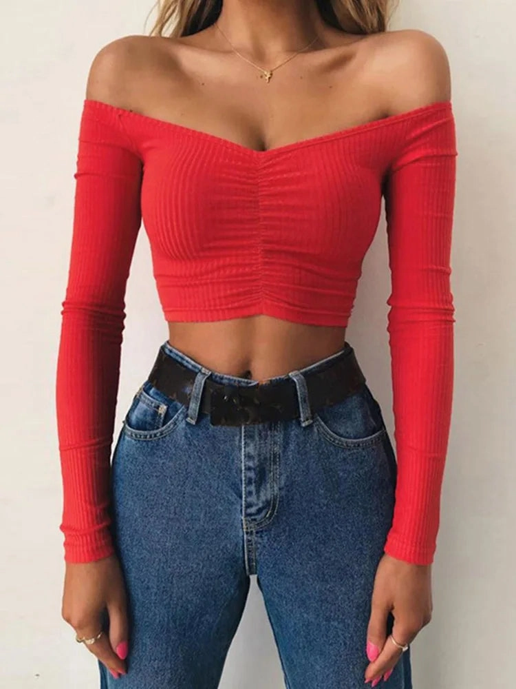 Women T-Shirts Sexy Club Fashion Long Sleeve Off Shoulder Basic Tees