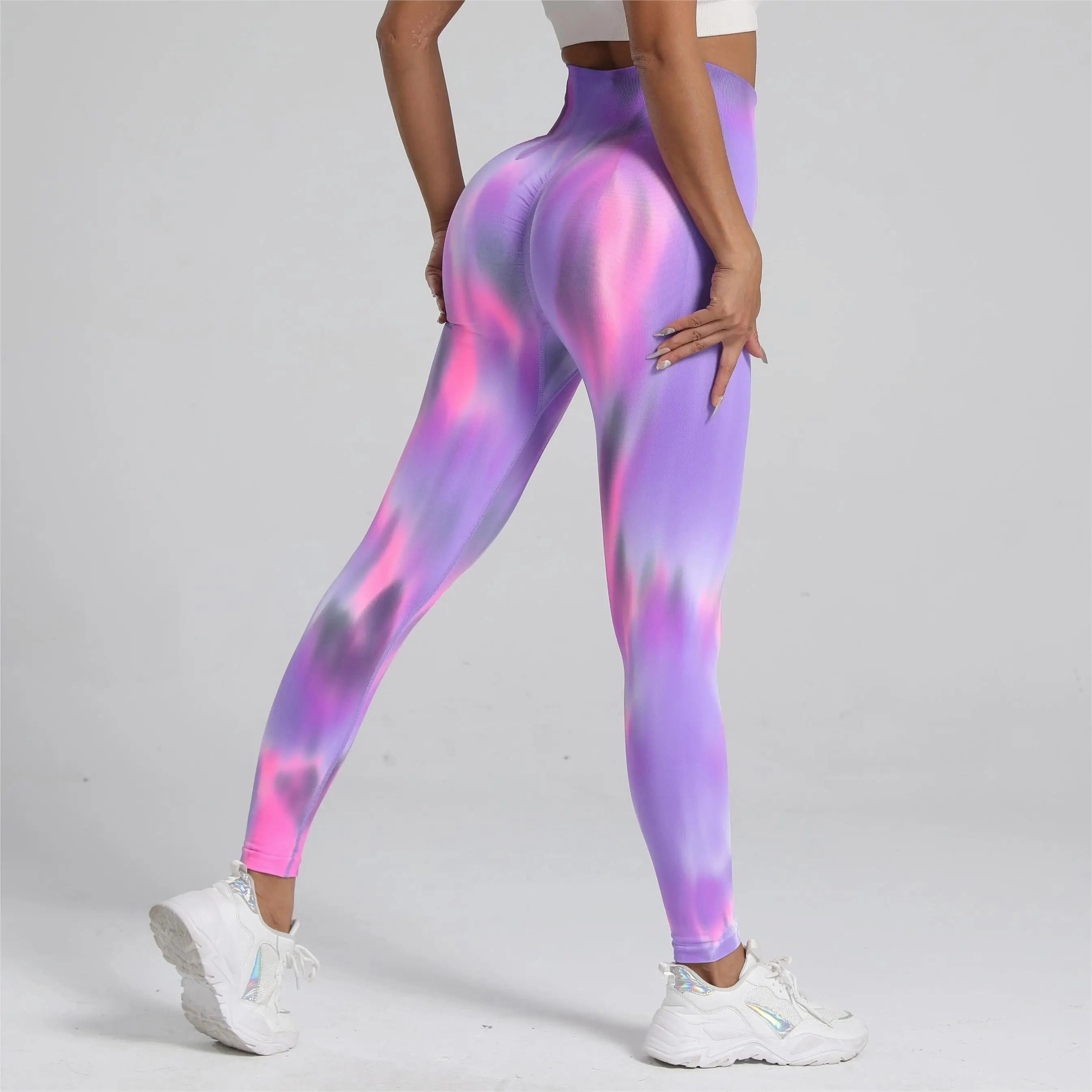 Women Tie Dye Gym Leggings Seamless Push Up Tights Training Pants Scrunch Sports High Waist Butt Lifting Workout Yoga Leggins