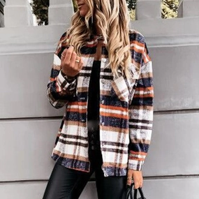 Women Woolen Plaid Shirt Jacket Vintage Streetwear Long Sleeve