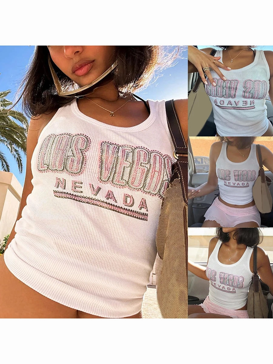 Women Y2K Fairy Print Sleeveless Crop Tank Top E-Girl Grunge Fashion