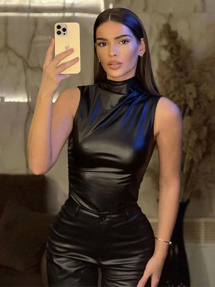 Women Y2K Vintage PU Basic Tank Top High Waist Sleeveless