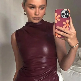 Women Y2K Vintage PU Basic Tank Top High Waist Sleeveless