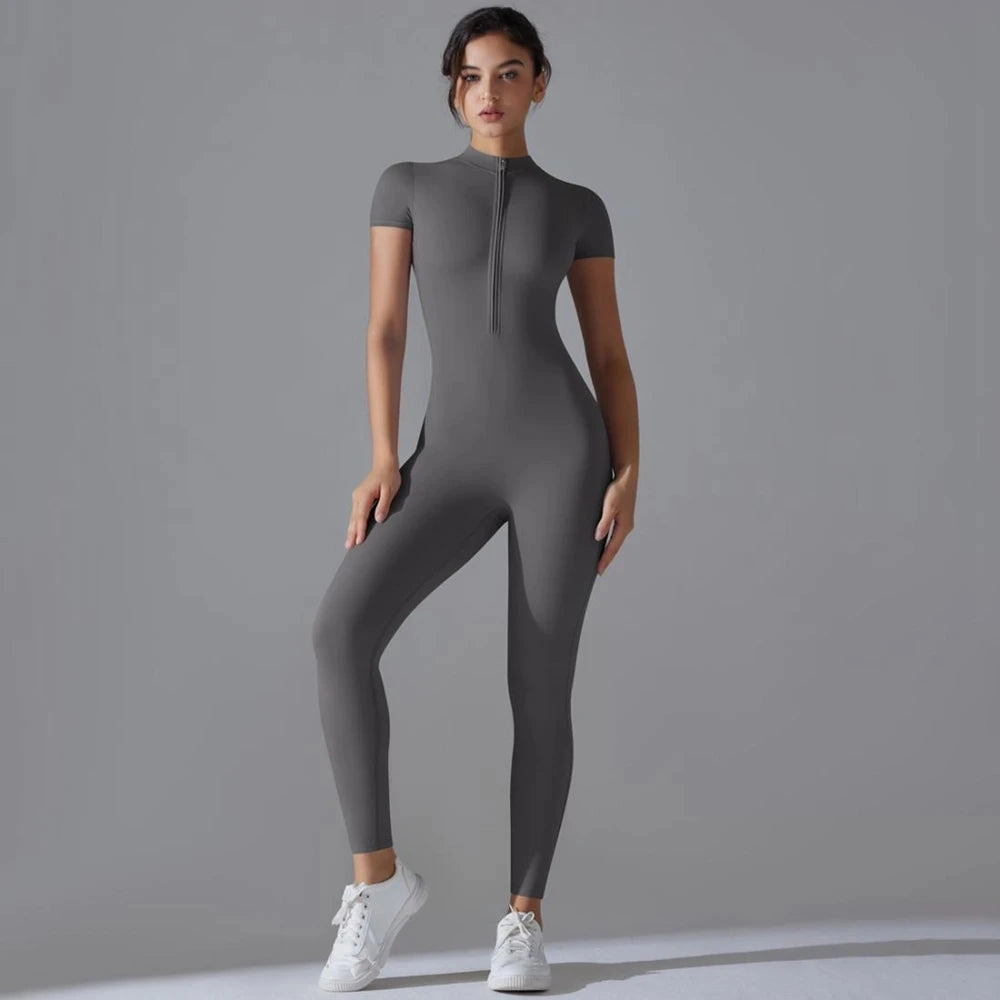 Womens Jumpsuits Short Sleeve Yoga Slim Fit Stretch One Piece Romper Black Zipper for Sexy Fitness and Casual Sport Style