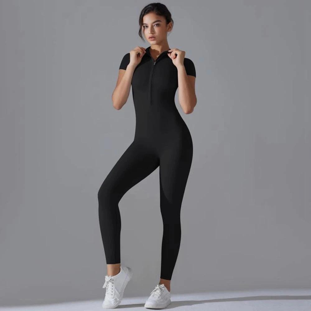 Womens Jumpsuits Short Sleeve Yoga Slim Fit Stretch One Piece Romper Black Zipper for Sexy Fitness and Casual Sport Style