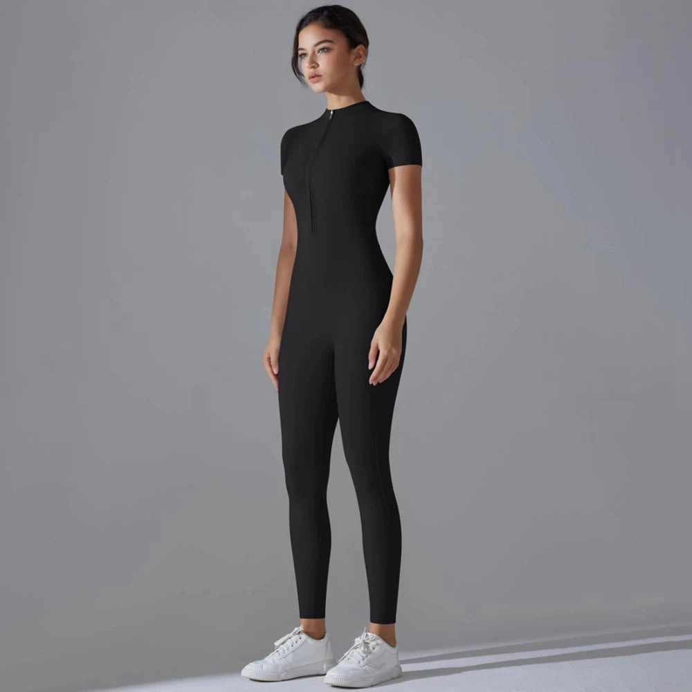 Womens Jumpsuits Short Sleeve Yoga Slim Fit Stretch One Piece Romper Black Zipper for Sexy Fitness and Casual Sport Style