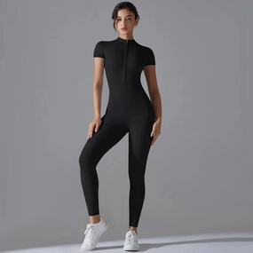 Womens Jumpsuits Short Sleeve Yoga Slim Fit Stretch One Piece Romper Black Zipper for Sexy Fitness and Casual Sport Style
