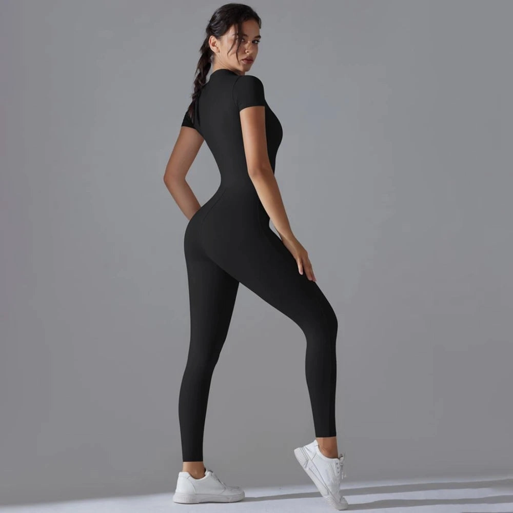 Womens Jumpsuits Short Sleeve Yoga Slim Fit Stretch One Piece Romper Black Zipper for Sexy Fitness and Casual Sport Style