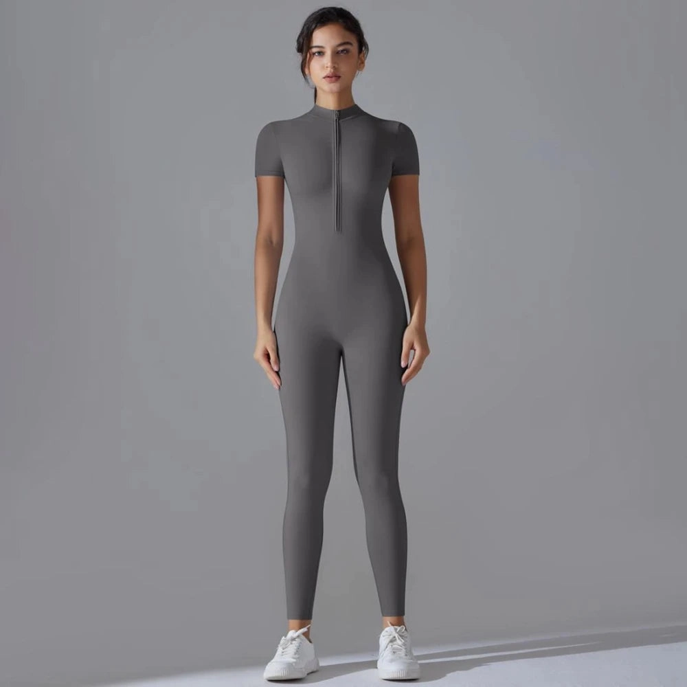 Womens Jumpsuits Short Sleeve Yoga Slim Fit Stretch One Piece Romper Black Zipper for Sexy Fitness and Casual Sport Style