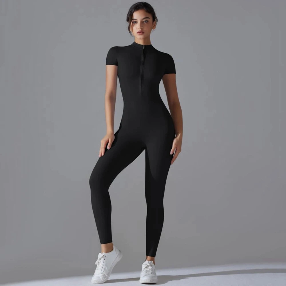 Womens Jumpsuits Short Sleeve Yoga Slim Fit Stretch One Piece Romper Black Zipper for Sexy Fitness and Casual Sport Style
