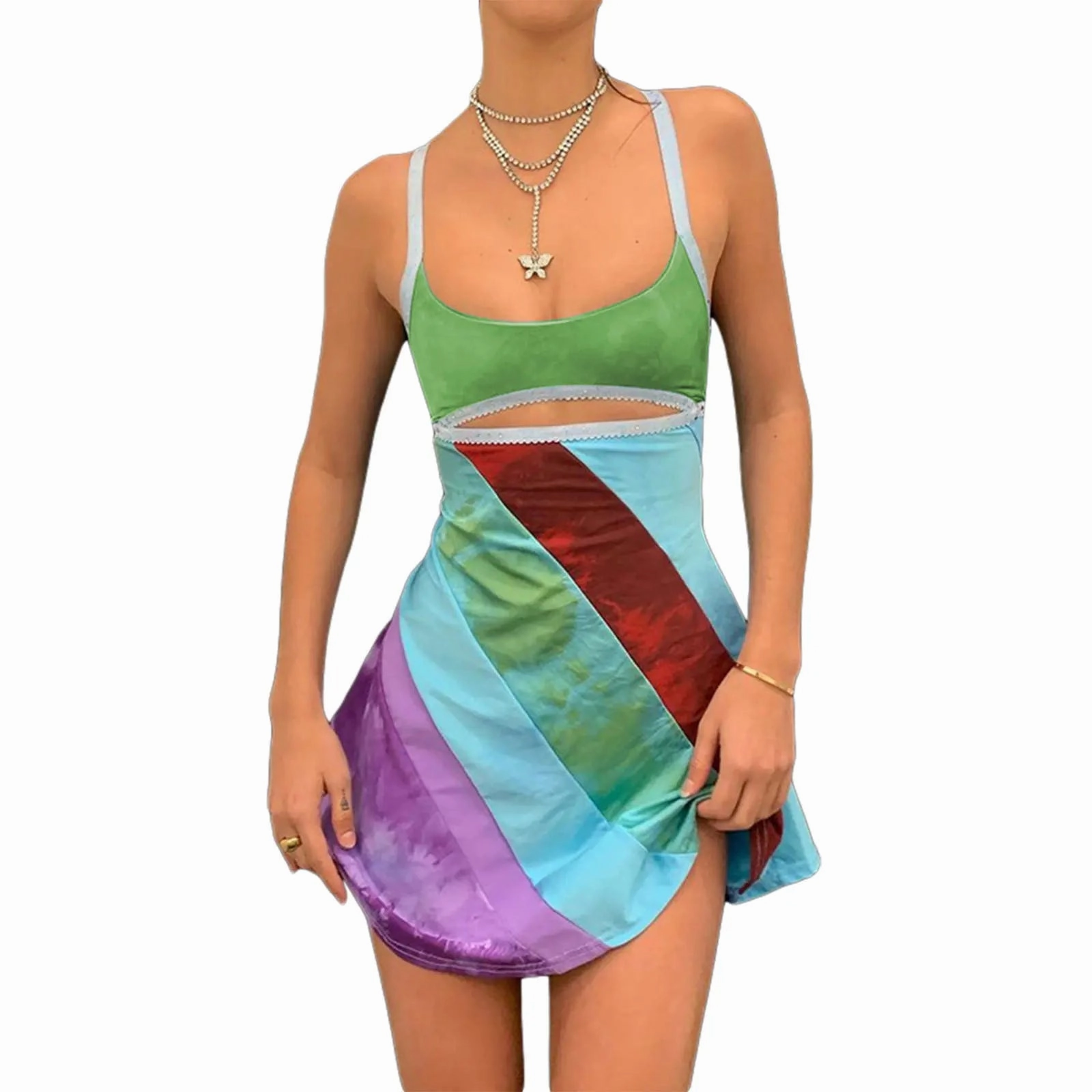 Womens Sexy Bodycon Print Semi-Sheer Mini Dress Y2K E-Girl