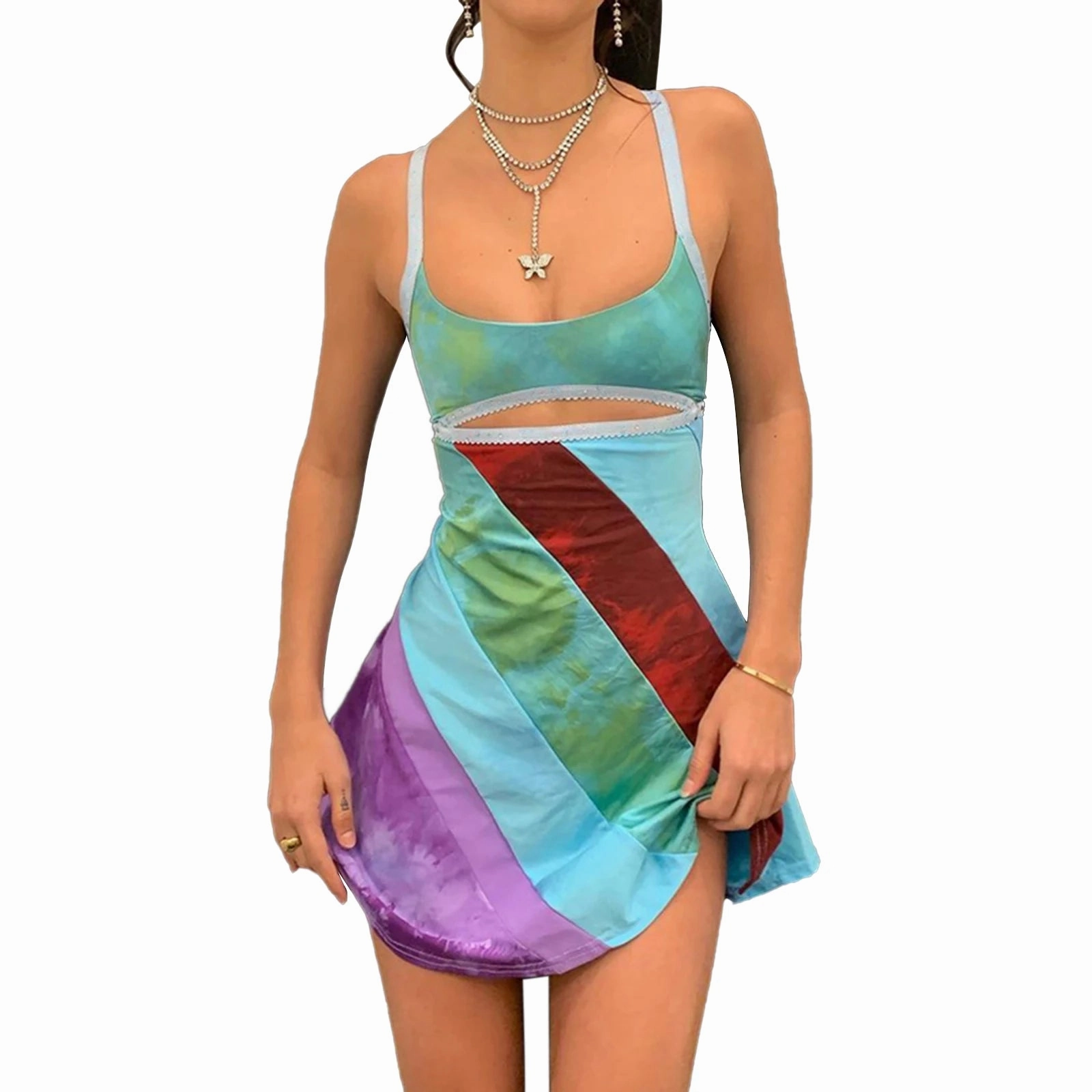 Womens Sexy Bodycon Print Semi-Sheer Mini Dress Y2K E-Girl