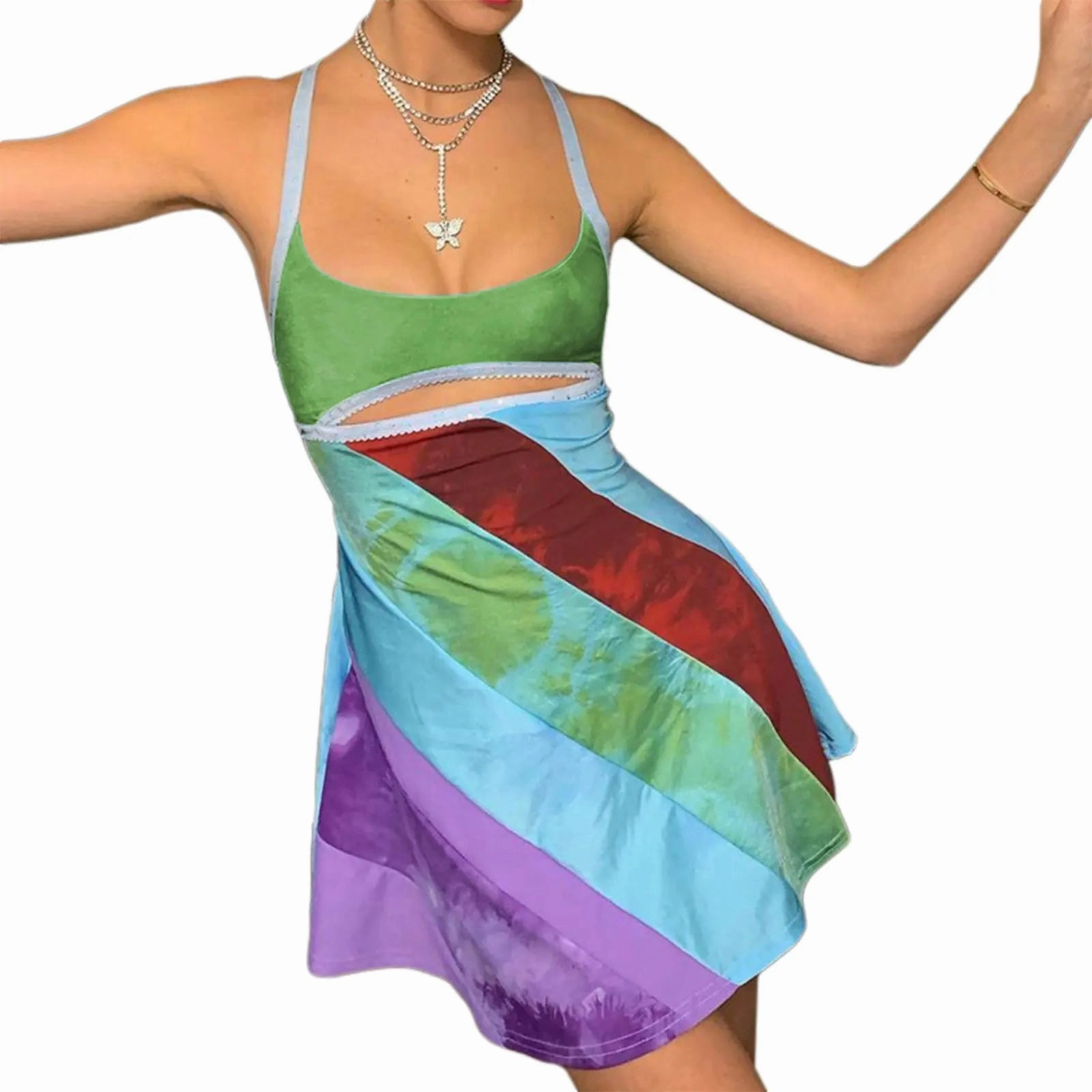 Womens Sexy Bodycon Print Semi-Sheer Mini Dress Y2K E-Girl