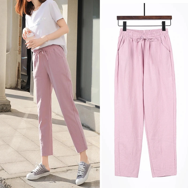 Womens Spring Summer Cotton Linen Elastic Waist Harem Pants