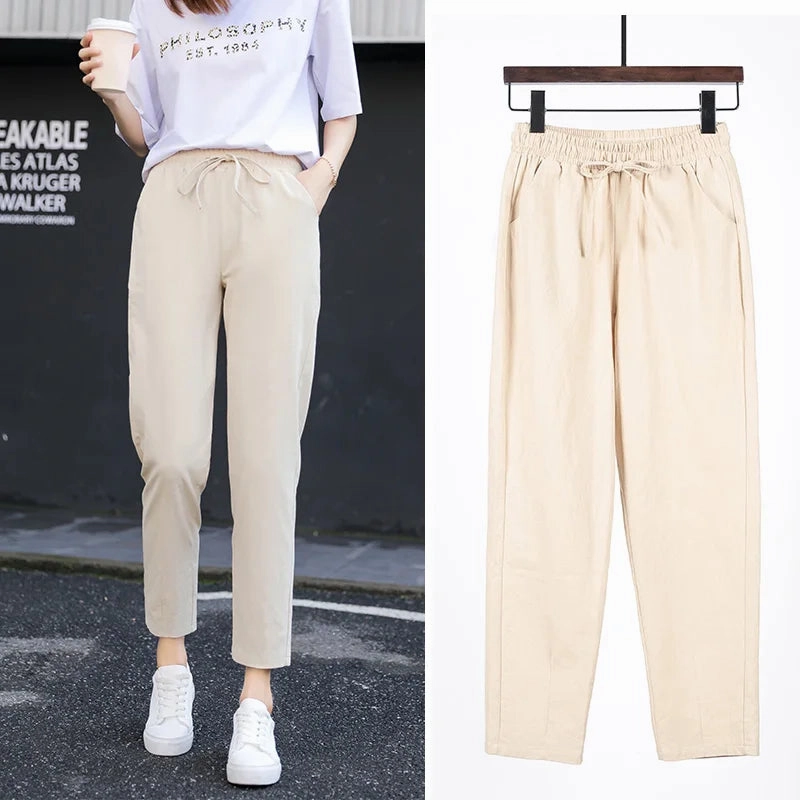 Womens Spring Summer Cotton Linen Elastic Waist Harem Pants