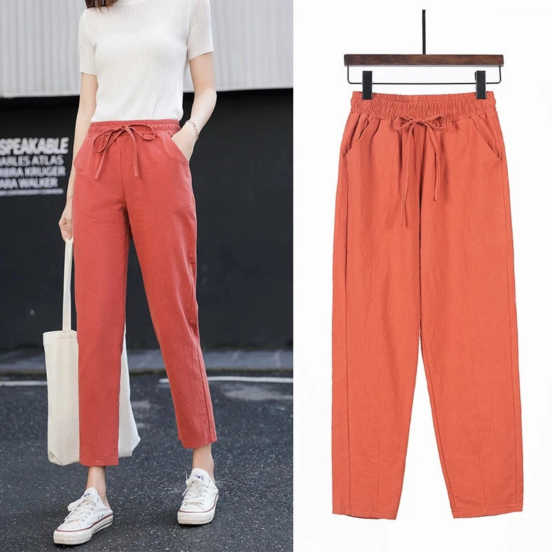 Womens Spring Summer Cotton Linen Elastic Waist Harem Pants