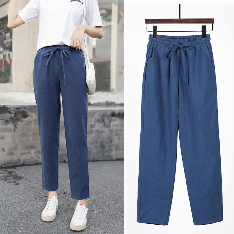Womens Spring Summer Cotton Linen Elastic Waist Harem Pants