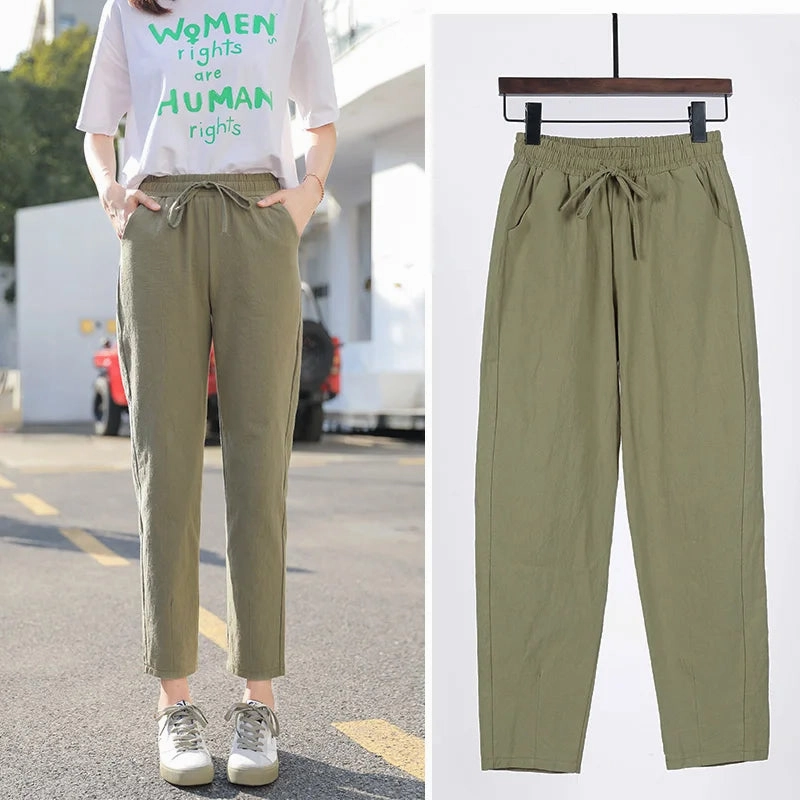 Womens Spring Summer Cotton Linen Elastic Waist Harem Pants