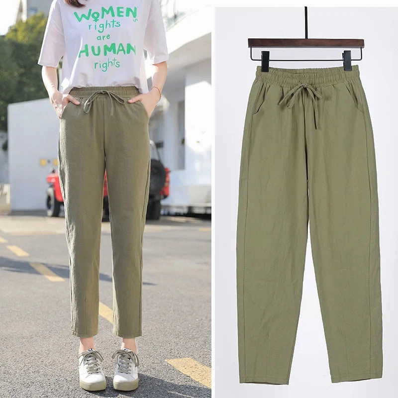 Womens Spring Summer Cotton Linen Elastic Waist Harem Pants