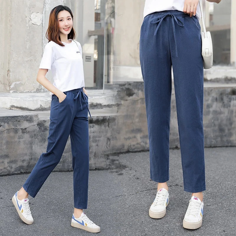 Womens Spring Summer Cotton Linen Elastic Waist Harem Pants