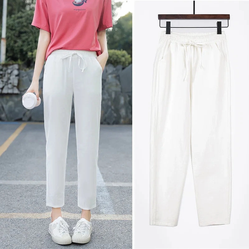Womens Spring Summer Cotton Linen Elastic Waist Harem Pants