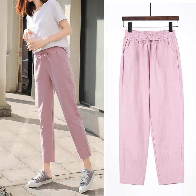 Womens Spring Summer Cotton Linen Elastic Waist Harem Pants